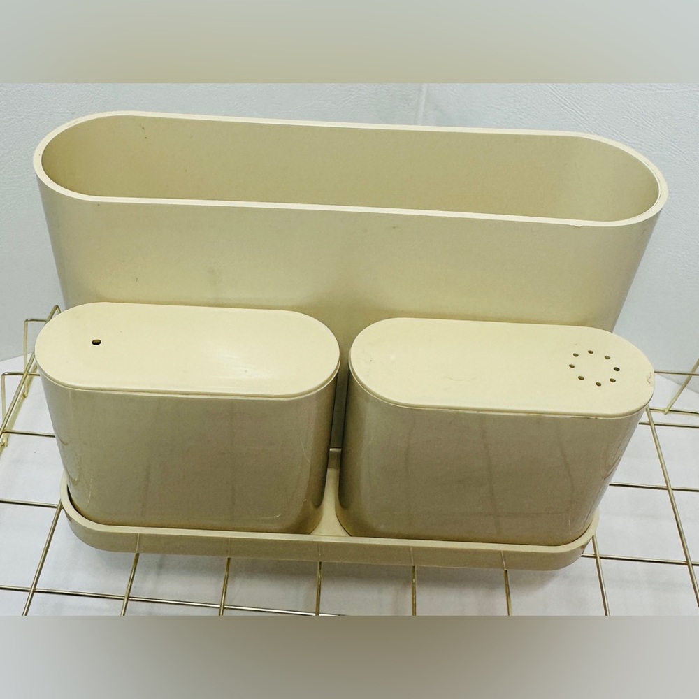 Vintage MCM Beige Plastic Table Organizer W Napkin Holder Salt and Pepper Shaker